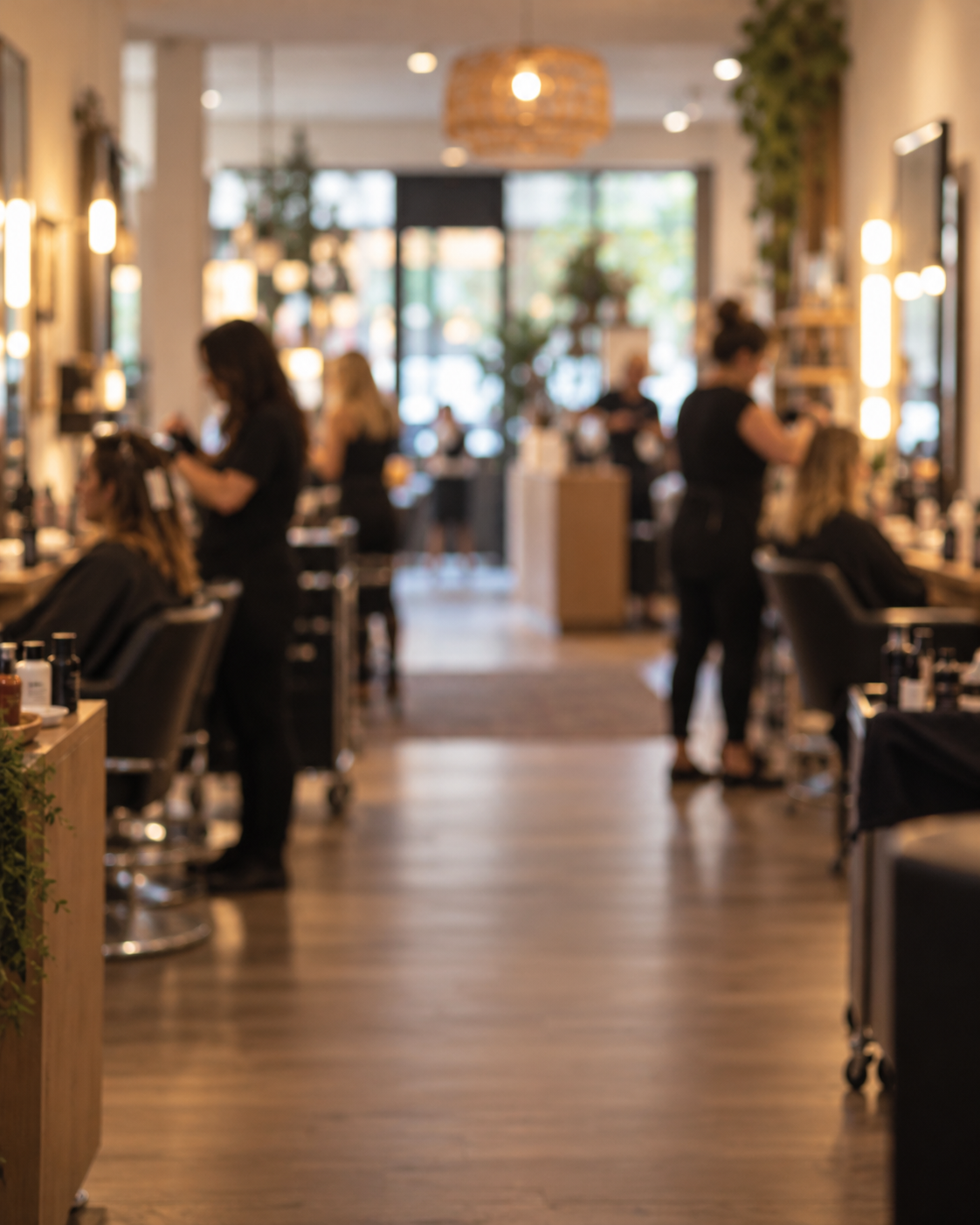 Softly blurred view of stylists working with clients in a busy hair salon
